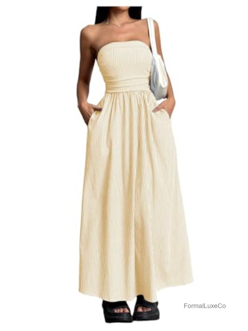 Strapless Striped Maxi Dress with Pockets Casual Summer A-Line